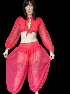 Vintage 1970's Hot Pink & Gold Belly Dancing Burlesque Costume